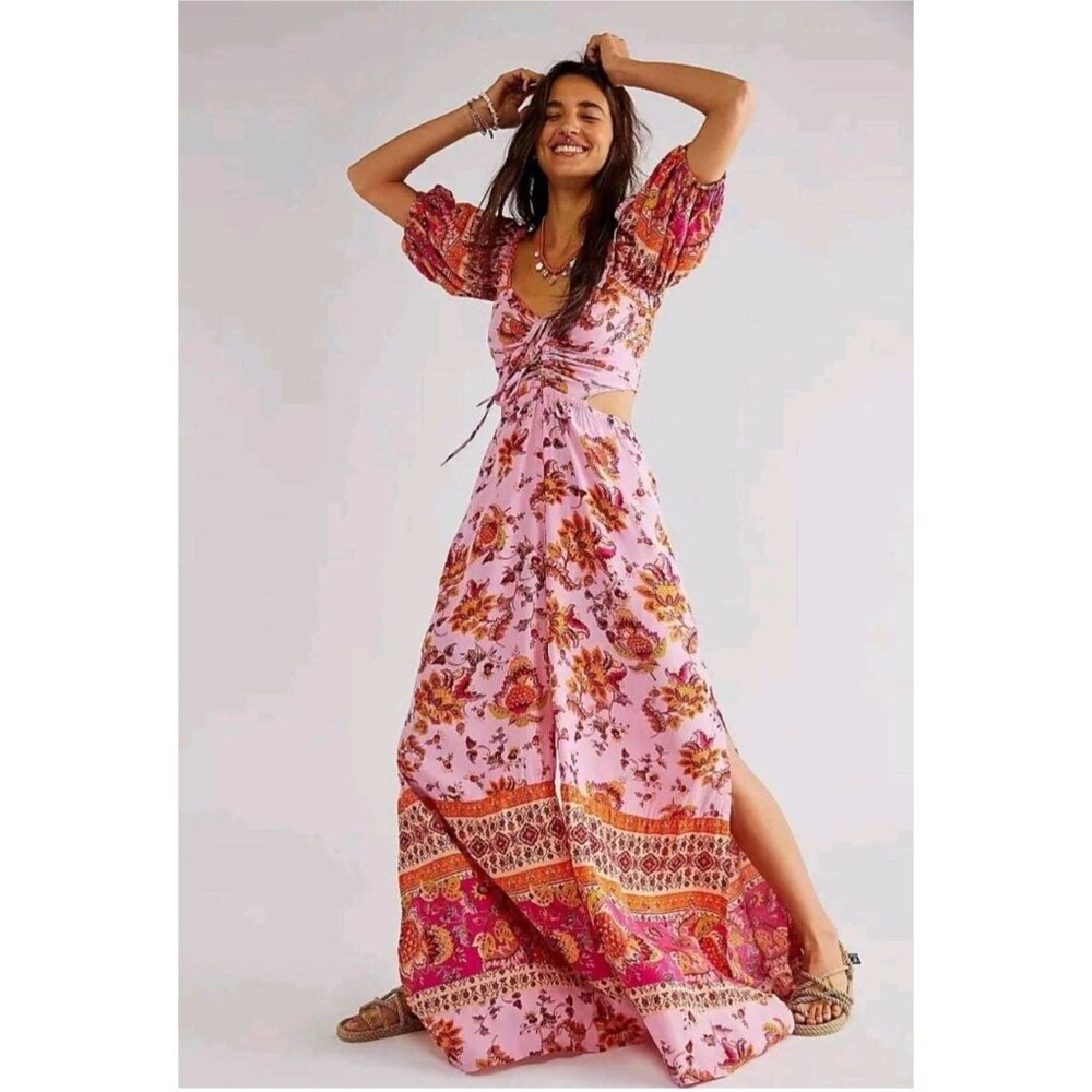 Free People Bali Citrus Skies One Piece Wide Leg  Jumpsuit Pink Women's Large